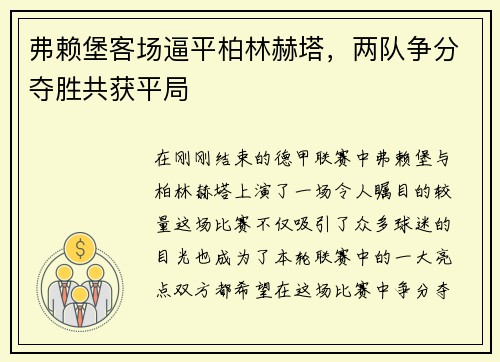 弗赖堡客场逼平柏林赫塔，两队争分夺胜共获平局